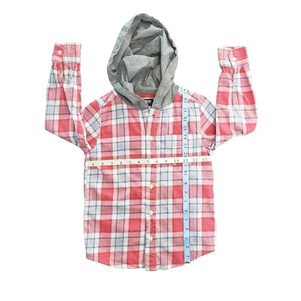 OshKosh Boys Size 7 Plaid Hooded Shirt Red Blue Button Down